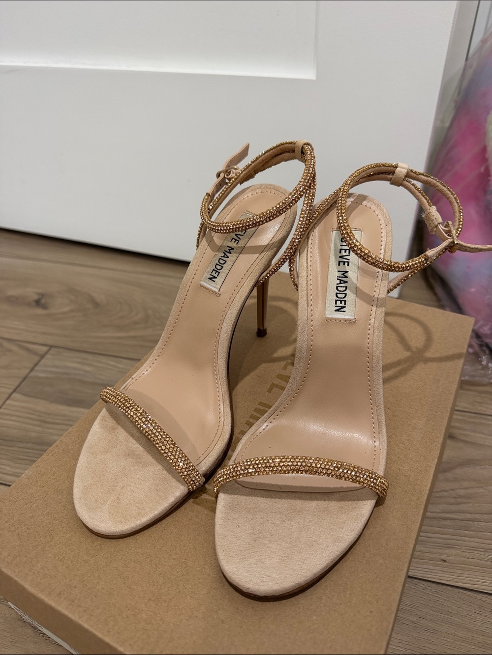 Steve Madden Blush and Gold Embellished Ankle-Strap Heels